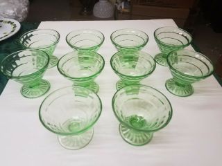 Vintage 1930s Green Vaseline Depression Glass Block Optic Sherbet Cups Set Of 10