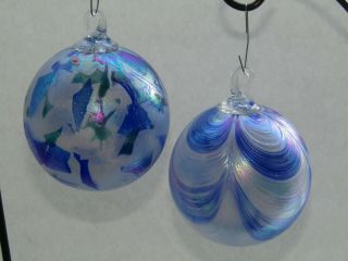 2 Hand Blown Studio Art Glass Iridescent 3 " Ball Orb Ornaments