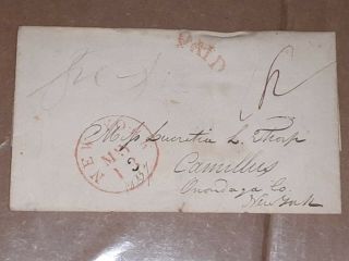 1837 Stampless Cover Folded Letter W/ Red Paid Oval Hand Stamp To Ny