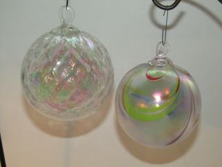 2 Hand Blown Studio Art Glass Iridescent 3 " & 3 1/4 " Ball Orb Ornaments