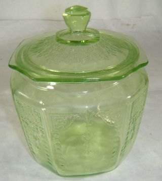 Vintage Green Vaseline Depression Glass Biscuit Cookie Jar With Lid Princess
