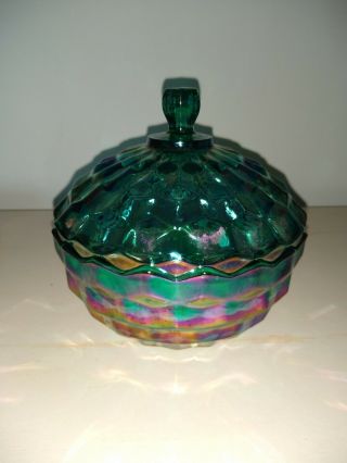 Vintage Highly Iridescent Carnival Blue Green Glass Candy Dish By Indiana Glass