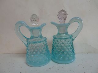 2 Vintage Fenton Blue Opalescent Art Glass Hobnail Small Cruets W/ Stoppers