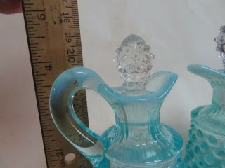 2 Vintage Fenton Blue Opalescent Art Glass Hobnail Small Cruets w/ Stoppers 2