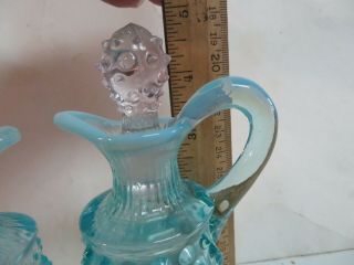 2 Vintage Fenton Blue Opalescent Art Glass Hobnail Small Cruets w/ Stoppers 3