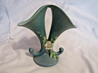 Vintage Roseville Art Pottery Blue Glaze White Rose Double Cornucopia Vase 145 - 8