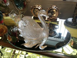Vintage Lalique Studios Large Head Up Swan With Mirror Signed And 395