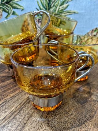 Vtg Set (10) Italian Amber Glass Diamond Pt Chrome Demitasse Espresso Cups Retro