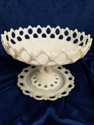 Westmoreland Milk Glass Doric Lace Pedestal Compote Cakee Fruit Bowl W/plate