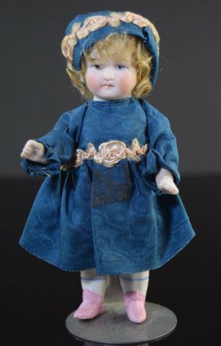 Antique German All Bisque 4 1/2 " Doll Dressed With Wig