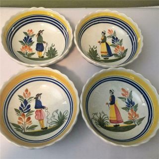 Vintage Henriot Quimper French Pottery 4 Scalloped Edge Bowls - Woman And Man