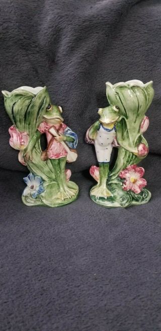 Antique Majolica Pottery Vase Frog Playing Mandolin Frog Swimsuit Pair