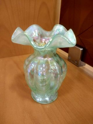 Fenton Glass Vase Green Iridescent Opalescent Iridized Ruffled Rim Top Melon