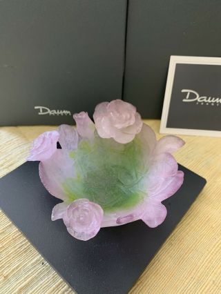 Daum France Pate De Verre Art Nouveau Pink Rose Leaf Art Glass Dish Bowl Box Hz2