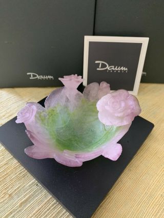 Daum France Pate De Verre Art Nouveau Pink Rose Leaf Art Glass Dish Bowl BOX HZ2 2