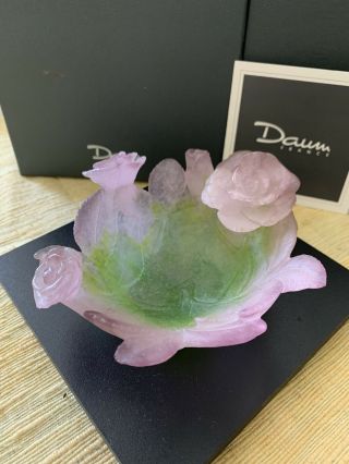 Daum France Pate De Verre Art Nouveau Pink Rose Leaf Art Glass Dish Bowl BOX HZ2 3