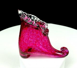 Charles Lotton Signed Art Glass Ltd 1/200 Mottled Cranberry 4 " Shoe Slipper 1994