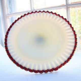 Rare Fenton Ruby Red Crest Milk Glass Pedestal Cake Plate Stand Stunning