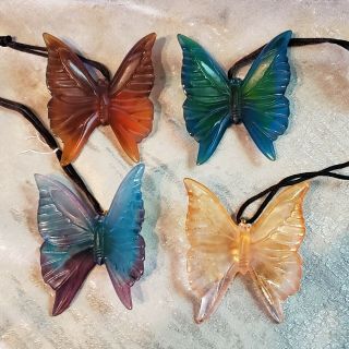 Daum France Four Crystal " Butterfly " Pendants / Ornaments W/ Leather Cords