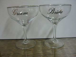 Vintage Bride & Groom Wedding Day Champagne Coupe Saucers Glasses Silver Trimmed