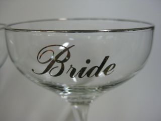 Vintage Bride & Groom Wedding Day Champagne Coupe Saucers Glasses Silver Trimmed 2