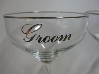 Vintage Bride & Groom Wedding Day Champagne Coupe Saucers Glasses Silver Trimmed 3