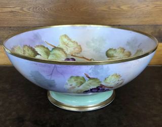 Antique Limoges Porcelain Large Punch Bowl Hand Painted Grapes Grapevine Signed