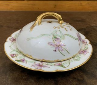 Antique Limoges T&v Covered Serving Dish Hand Painted Purple Flowers Signed Cas