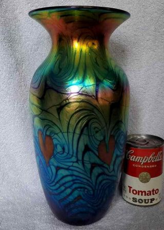 Massive Lundberg Studios Art Glass Vase Iridescent Swirls & Red Hearts 2009