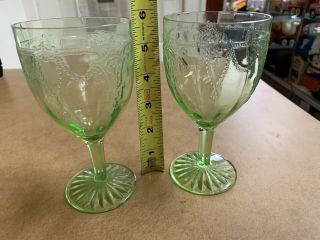 2 Green Cameo / Ballerina / Dancing Girl Water Glasses Goblet 5 3/4 " Uranium