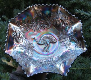 A Rare Australian Crown Crystal Emu Pattern Large Purple Carnival Glass Bowl