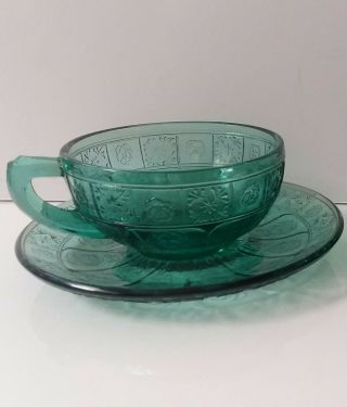 Jeannette Depression Glass " Pretty Polly " Doric & Pansy Cup And Saucer Set