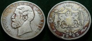 Rare Grade Romania Kingdom 1883 King Carol I 5 Lei Silver Coin