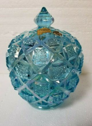 Westmoreland Carnival Glass Ice Blue Checkerboard Covered Candy Dish.