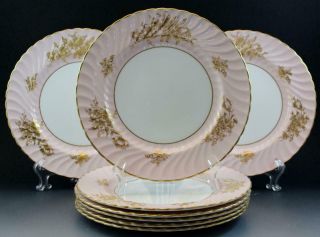 English Aynsley Marlborough Porcelain Set Of 8 Dinner Plates Pink W/ Gold Floral