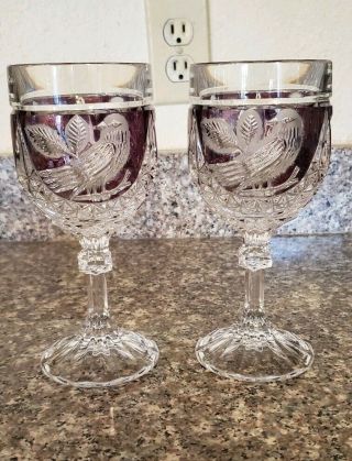 Set Of 2 Vintage Hofbauer Ruby Red Byrdes Wine Glasses German Lead Crystal 7.  25 "