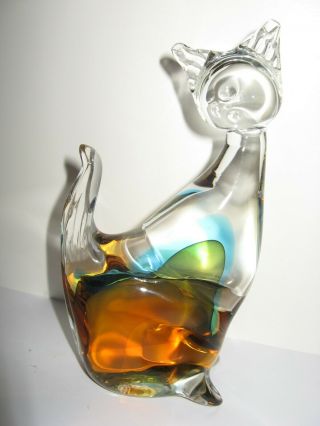 Murano Cat Amber Green And Blue Encased In Clear
