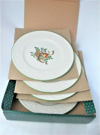 Mikasa Holiday Season Dinner Plate Stoneware Green Trim Embossed Rim Set 4 Nib