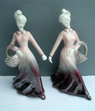 Mcm Hedi Schoop Hollywood Pair Ceramic Elegant Lady Figurines W/ Basket
