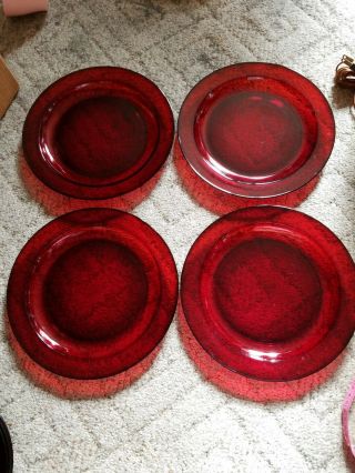 4 Arcoroc Classique Ruby Red Dinner Plates 9 1/2 " Vintage France