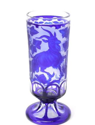 Antique Czech Moser Bohemian Cameo Cut Glass Vase Royal Blue Ram Forest Scene