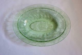 Vintage Green Depression Glass Oval Serving Bowl With Floral Etching