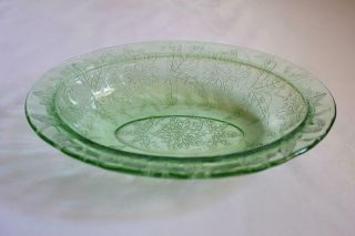 Vintage Green Depression Glass Oval Serving Bowl with Floral Etching 2