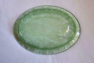 Vintage Green Depression Glass Oval Serving Bowl with Floral Etching 3