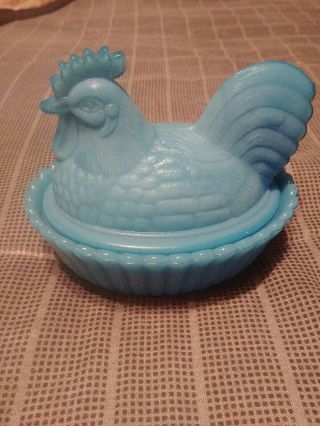 Vintage Westmoreland Milk Glass Blue Rooster Covered Candy Dish