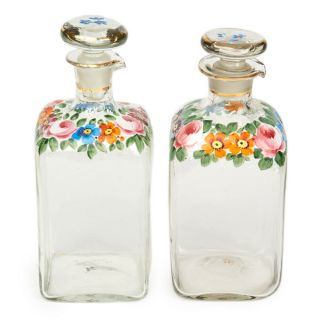 Continental Antique Floral Enameled Glass Decanters 19th C
