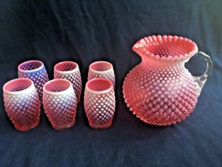 Fenton Cranberry Opalescent Hobnail Pitcher With 6 Tumblers Water Set
