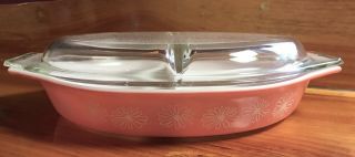 Vintage Pyrex Pink Daisy Divided Serving Dish Casserole With Lid