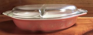 Vintage Pyrex Pink Daisy Divided Serving Dish Casserole with Lid 2
