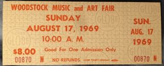 Woodstock Authentic Sunday 1969 Ticket Jimi Hendrix Janis Joplin Grateful Dead